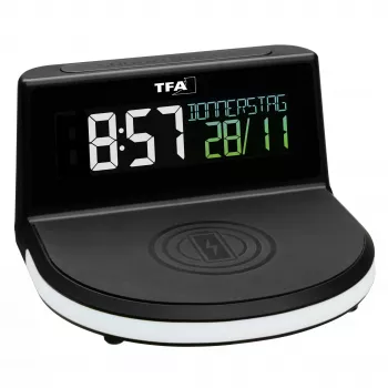 TFA Dostmann 60.2028.01 Despertador digital con base de carga para carga inalámbrica CHARGE