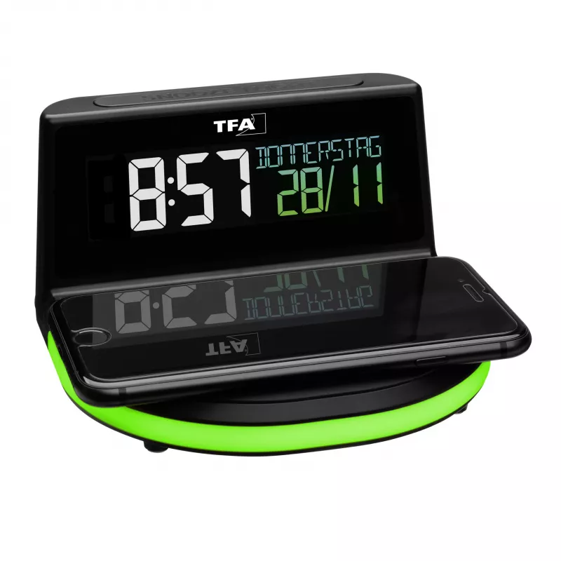 TFA Dostmann 60.2028.01 Despertador digital con base de carga para carga inalámbrica CHARGE