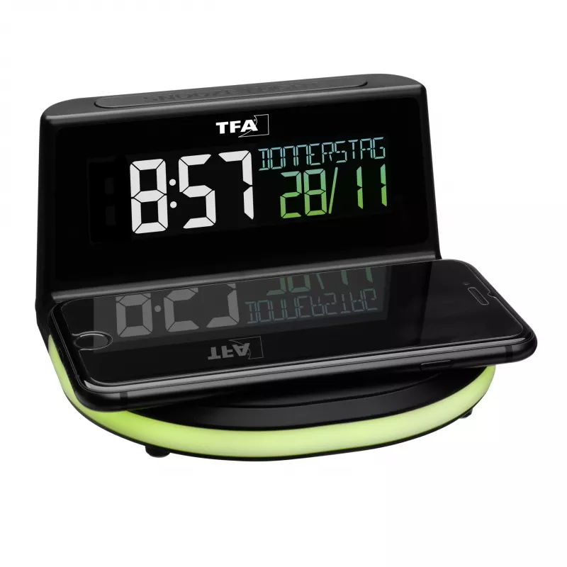 TFA Dostmann 60.2028.01 Despertador digital con base de carga para carga inalámbrica CHARGE