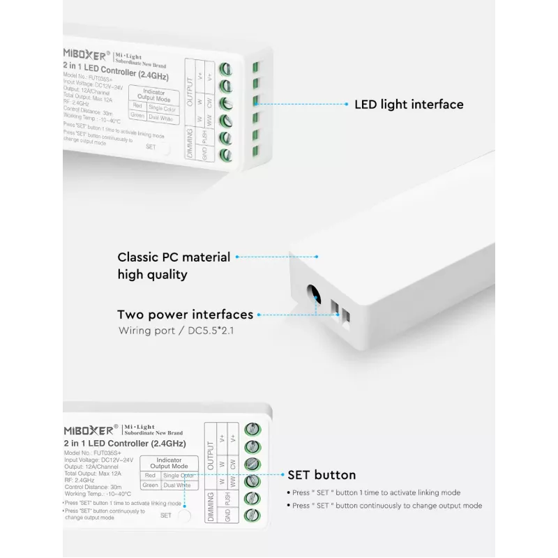MiBoxer FUT035S+16kHz controlador LED 2 en 1 Dual White (DC12/24V, 2,4GHz, 16kHz sin parpadeo)