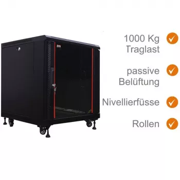 IT-BUDGET Armario de red SRK de 19 pulgadas - 12U - 600x600 mm - Puerta de cristal/acero - Flatpack - Negro (90ITB19SRK1266GSN)