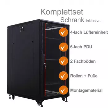 IT-BUDGET Armario de red SRK de 19 pulgadas set completo - 27U - 600x800 mm - Puerta de cristal/maciza - 4 ventiladores activos - PDU - Estantes - Flatpack - Negro (90ITB19SRK2768GS)