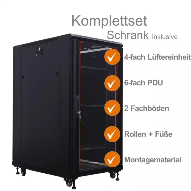 IT-BUDGET Armario de red SRK de 19 pulgadas set completo - 27U - 600x800 mm - Puerta de cristal/maciza - 4 ventiladores activos - PDU - Estantes - Flatpack - Negro (90ITB19SRK2768GS)