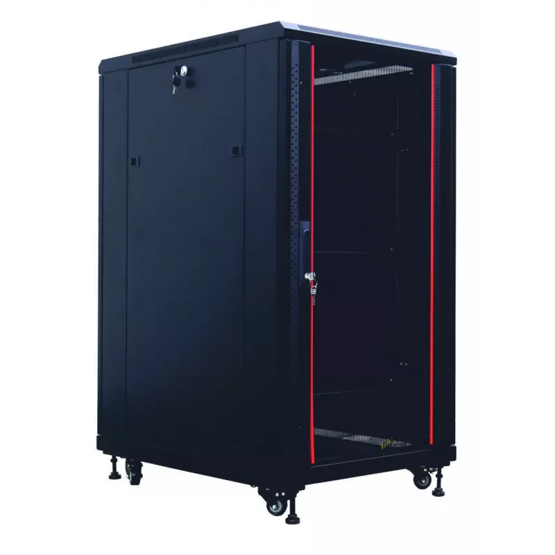 IT-BUDGET Armario de red SRK de 19 pulgadas set completo - 27U - 600x800 mm - Puerta de cristal/maciza - 4 ventiladores activos - PDU - Estantes - Flatpack - Negro (90ITB19SRK2768GS)