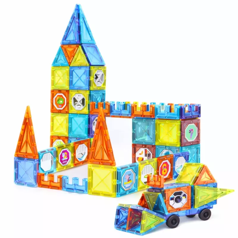 LEAN TOYS bloques magnéticos de aprendizaje con ventanas y pegatinas de vehículos 3D, 138 piezas