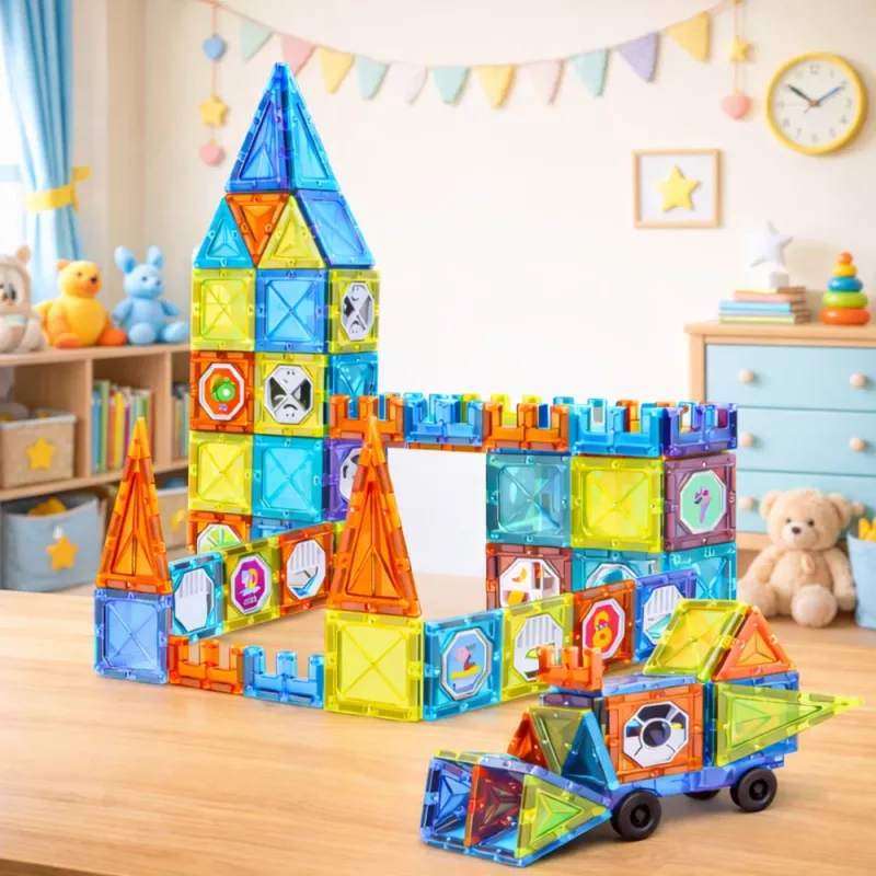 LEAN TOYS bloques magnéticos de aprendizaje con ventanas y pegatinas de vehículos 3D, 138 piezas