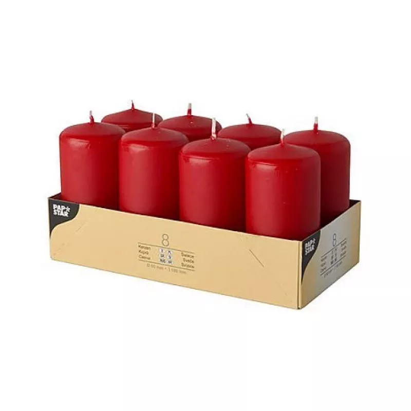 PAPSTAR Velas de pilar 10 cm, rojo, paquete de 8 (17987)