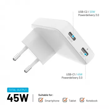 Fixed Slim Cargador de viaje 2xUSB-C 65W GaN PD Blanco