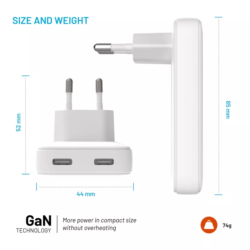 Fixed Slim Cargador de viaje 2xUSB-C 65W GaN PD Blanco