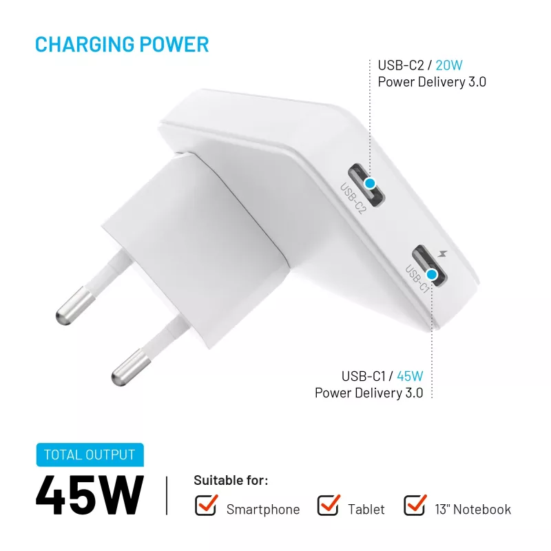 Fixed Slim Traveller Cargador de viaje 2xUSB-C con adaptadores internacionales, GaN, 45W – Blanco