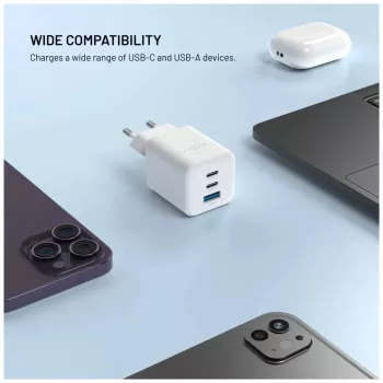 Fixed Mini Cargador GaN 2x USB-C y USB 65W Blanco