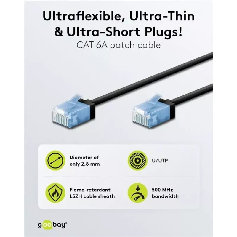 Goobay cable de red CAT 6A Slim U/UTP ultraflexible, negro, 0,25 m, conectores snagless extra cortos 74233