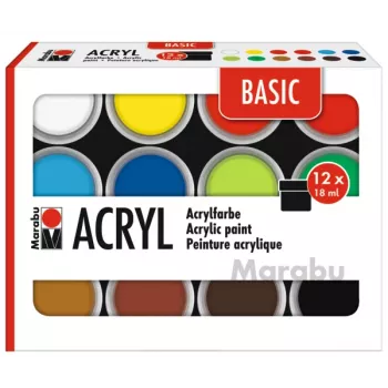 Marabu BASIC set de pinturas acrílicas, 12 x 18 ml, alta pigmentación, muy alta resistencia a la luz 1210000000214