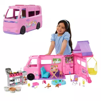 Set de juego de autocaravana de muñecas Barbie Dreamhouse Adventures, se transforma en autocaravana de 7 zonas, más de 60 accesorios, rosa
