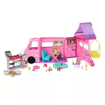 Set de juego de autocaravana de muñecas Barbie Dreamhouse Adventures, se transforma en autocaravana de 7 zonas, más de 60 accesorios, rosa