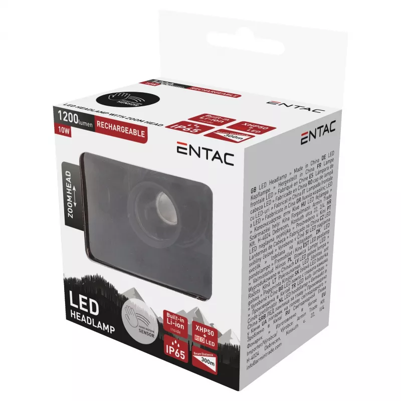 ENTAC EHL-ZH-10W-R Linterna frontal Zoom con batería recargable 10W sensor de movimiento