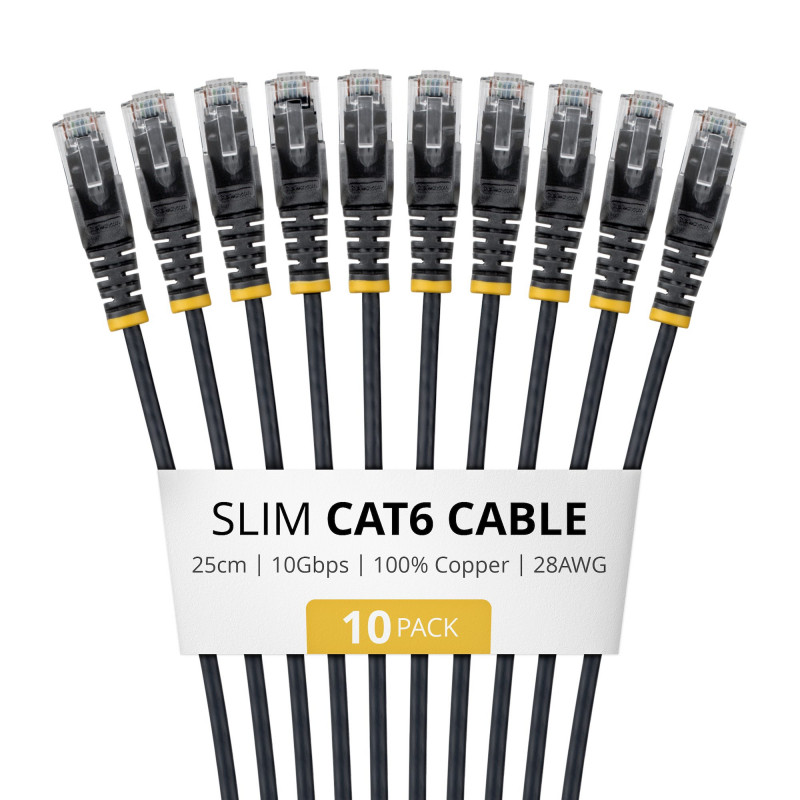 StarTech Cable de red Cat6 U/UTP Slim RJ45, 0,25 m, Negro, pack de 10