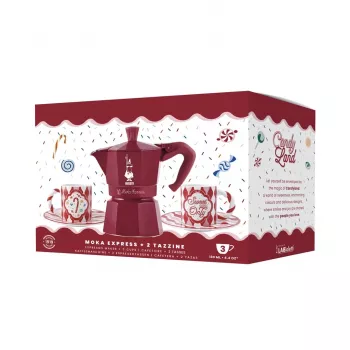Bialetti Candyland Moka Express 3TZ cafetera manual set, 150 ml, rojo + 2 tazas