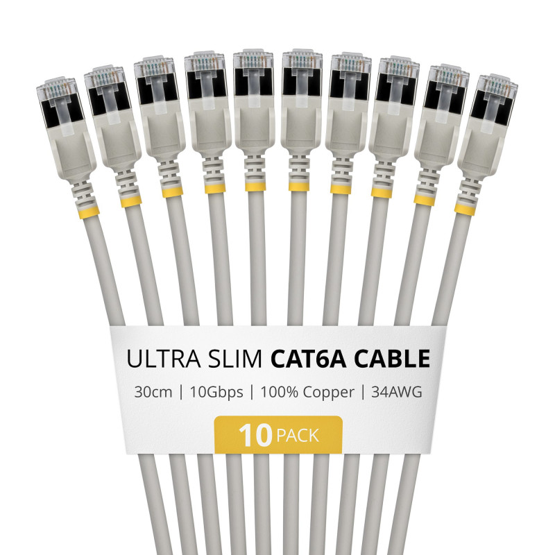StarTech.com cable de red Cat6a U/FTP Slim RJ45, 0,3 m, gris, pack de 10