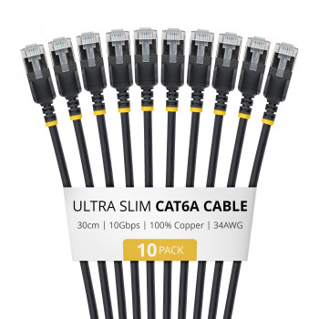 StarTech.com cable de red Slim Cat6a U/FTP RJ45, 0,3 m, negro, pack de 10
