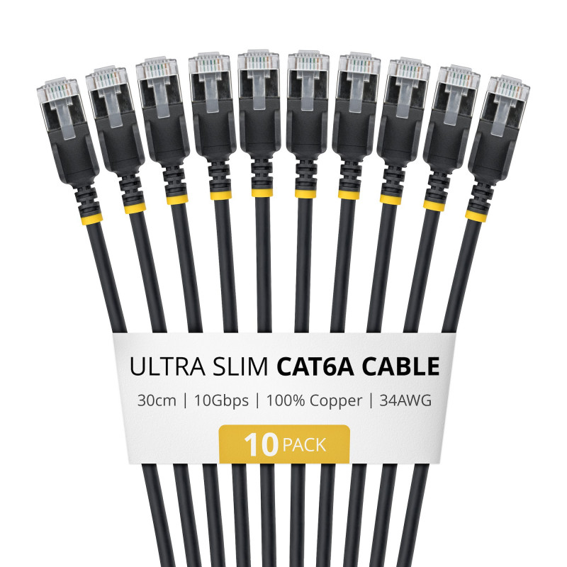 StarTech.com cable de red Slim Cat6a U/FTP RJ45, 0,3 m, negro, pack de 10