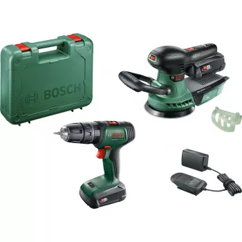 Bosch DIY set UniversalImpact 18V + AdvancedOrbit 18V, 2x batería de litio 2,0Ah, taladro percutor con batería + lijadora excéntrica con batería, verde (06039D410A)
