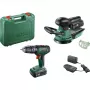 Bosch DIY set UniversalImpact 18V + AdvancedOrbit 18V, 2x batería de litio 2,0Ah, taladro percutor con batería + lijadora excéntrica con batería, verde (06039D410A)