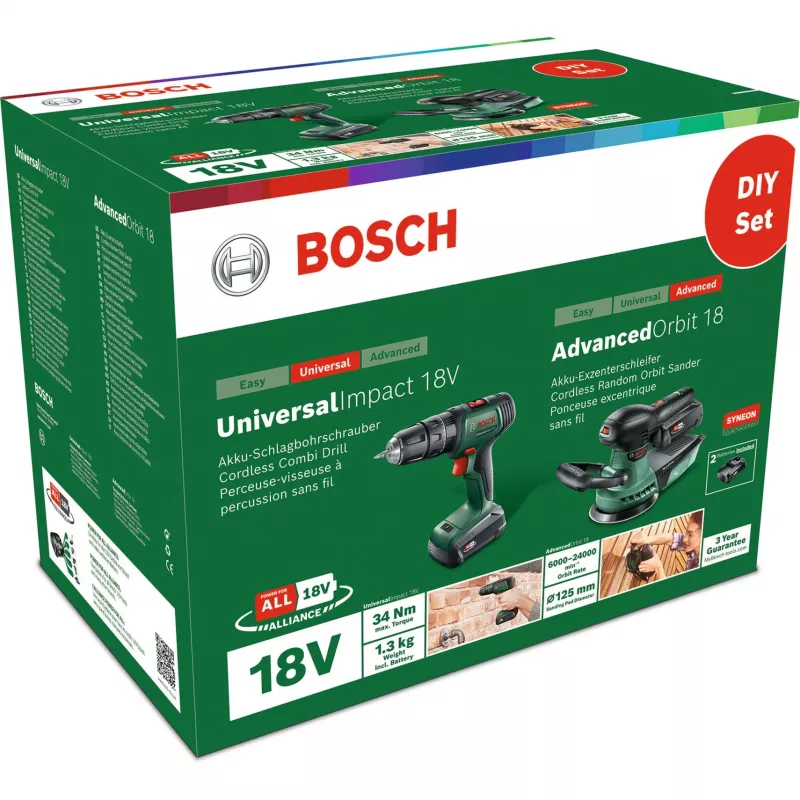 Bosch DIY set UniversalImpact 18V + AdvancedOrbit 18V, 2x batería de litio 2,0Ah, taladro percutor con batería + lijadora excéntrica con batería, verde (06039D410A)