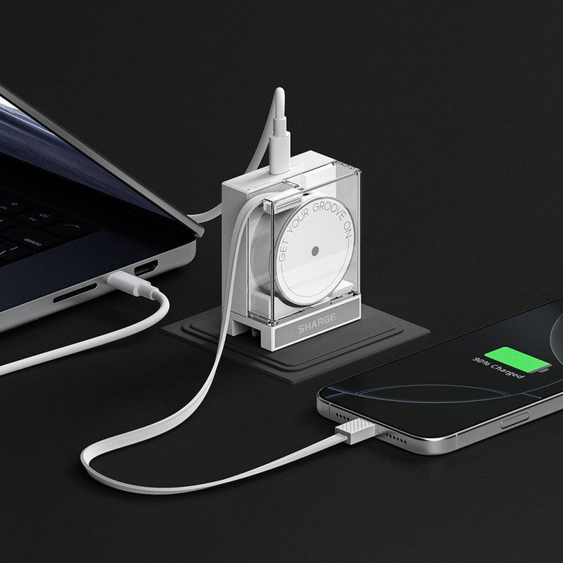 Cargador GaN retráctil SHARGE 65, 65W, 2x USB-C, cable USB-C integrado – blanco