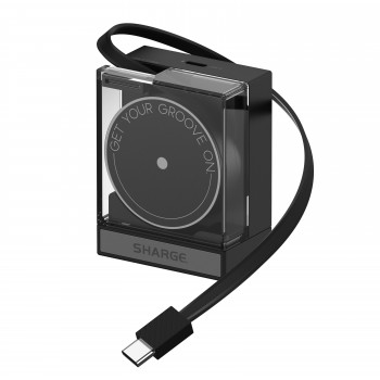 SHARGE cargador GaN retráctil de 65, 65 W, 2x USB-C, cable USB-C integrado, negro