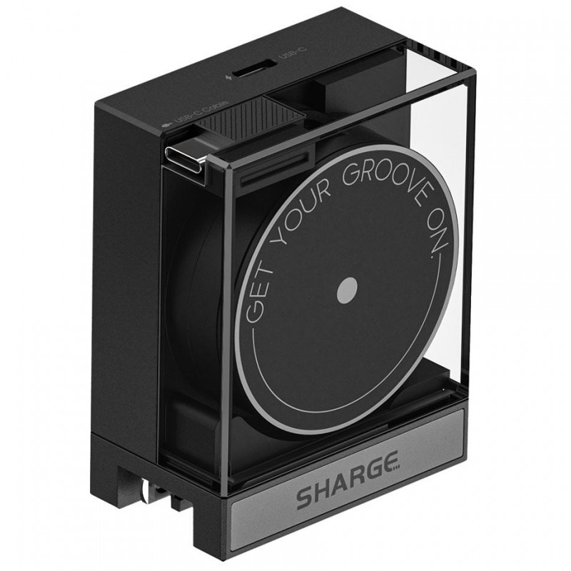 SHARGE cargador GaN retráctil de 65, 65 W, 2x USB-C, cable USB-C integrado, negro