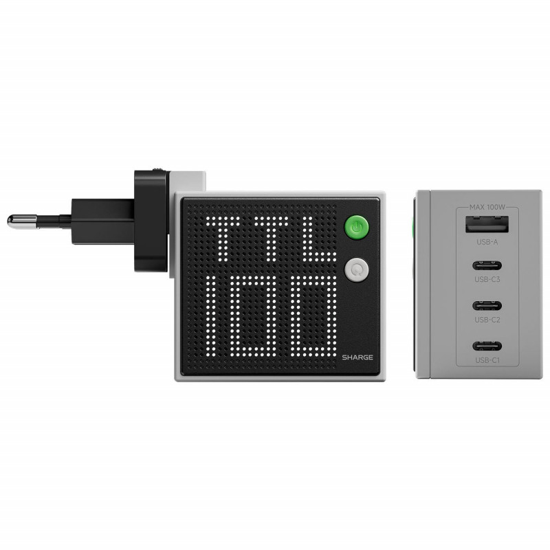 SHARGE Pixel 100 Cargador GaN, 100W, 3x USB-C, 1x USB-A - gris
