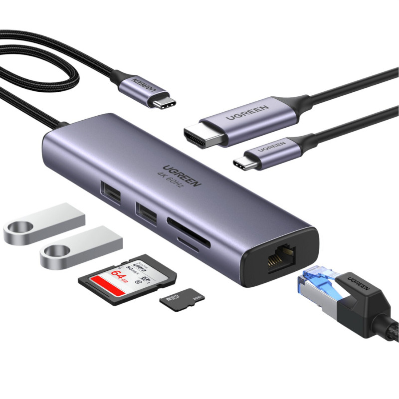 UGREEN 60515 adaptador multipuerto USB-C 7 en 1, 4K HDMI, Gigabit Ethernet, 100 W PD, gris