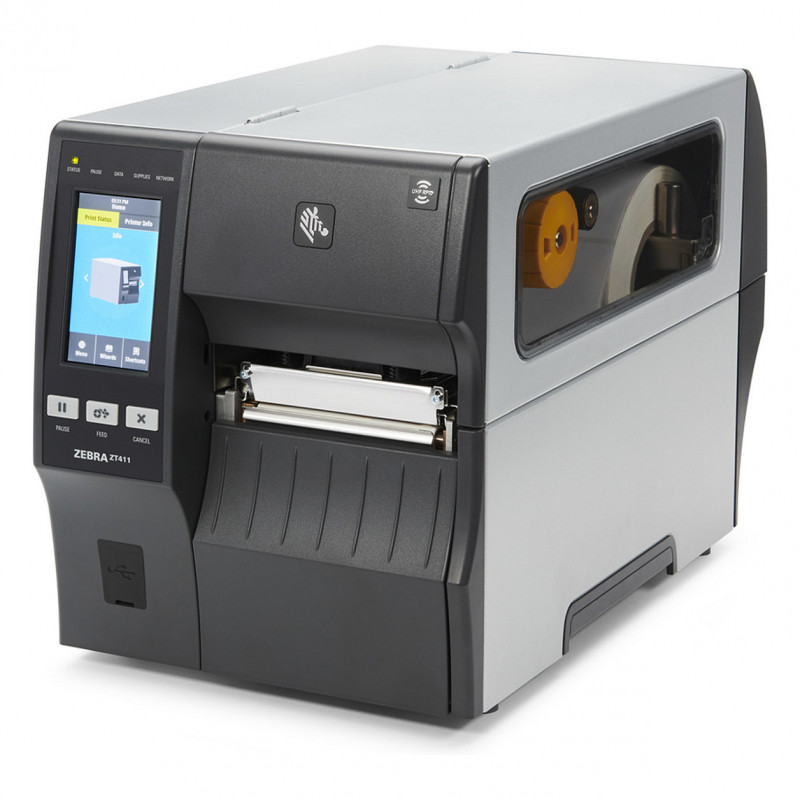 Impresora de etiquetas Zebra ZT411 de 4 pulgadas, 300 dpi, serie, USB, Ethernet 10/100, Bluetooth 4.1/MFi, USB Host, Peel with Full Rewind, EZPL, cable Euro y UK
