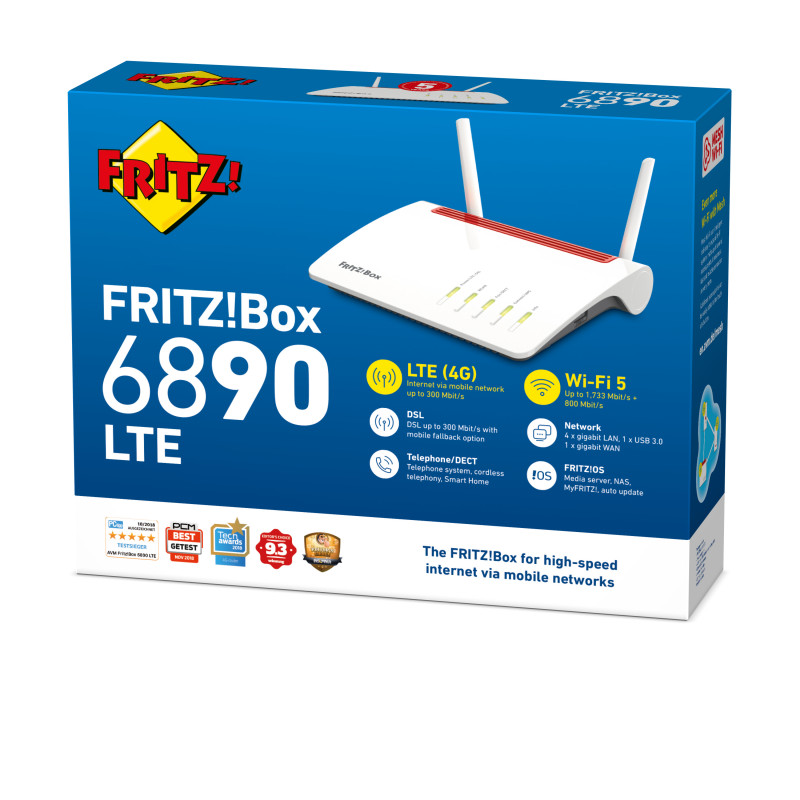 AVM FRITZ!Box 6890 LTE Router WLAN, DSL/WWAN, switch GigE de 4 puertos, 802.11a/b/g/n/ac Dual-Band, adaptador telefónico VoIP (DECT)