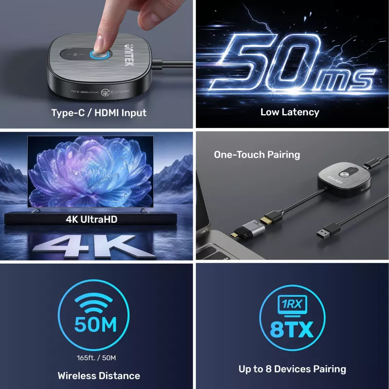 Receptor HDMI inalámbrico Unitek 4K@30Hz con transmisor y adaptador USB-C a HDMI, set