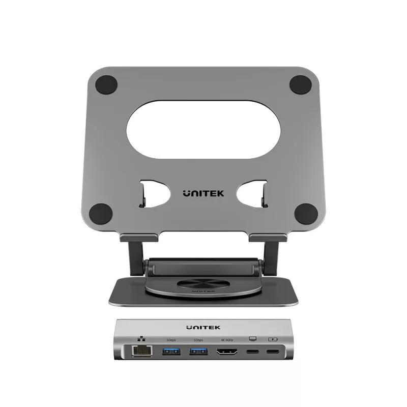 Unitek soporte para portátil con hub USB-C 5 en 1 extraíble - 2x USB-A 5Gbps, HDMI 4K@60Hz, RJ45, PD 100W (D1109CGY01)