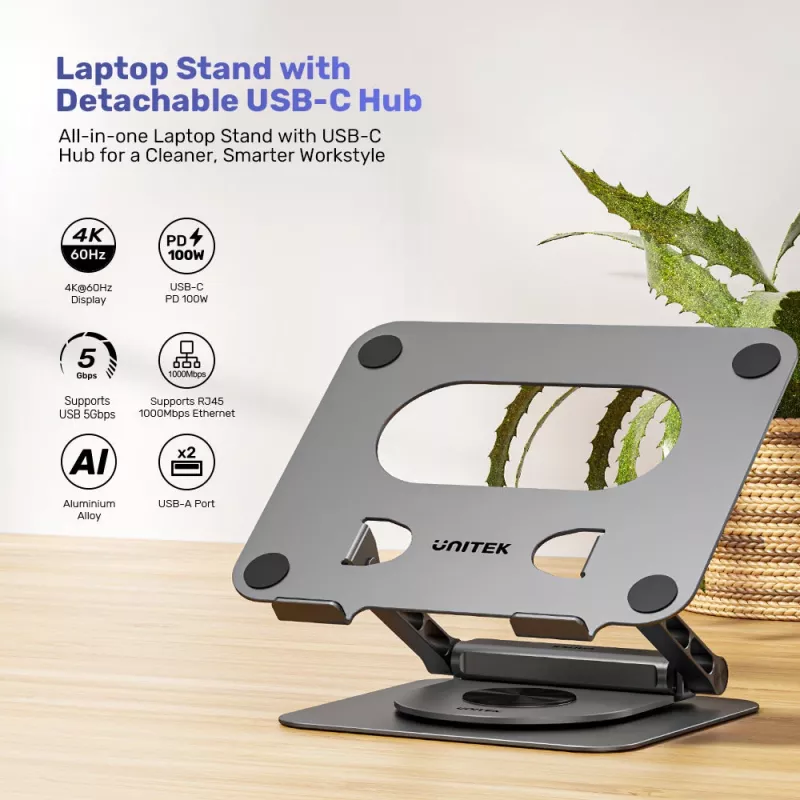 Unitek soporte para portátil con hub USB-C 5 en 1 extraíble - 2x USB-A 5Gbps, HDMI 4K@60Hz, RJ45, PD 100W (D1109CGY01)