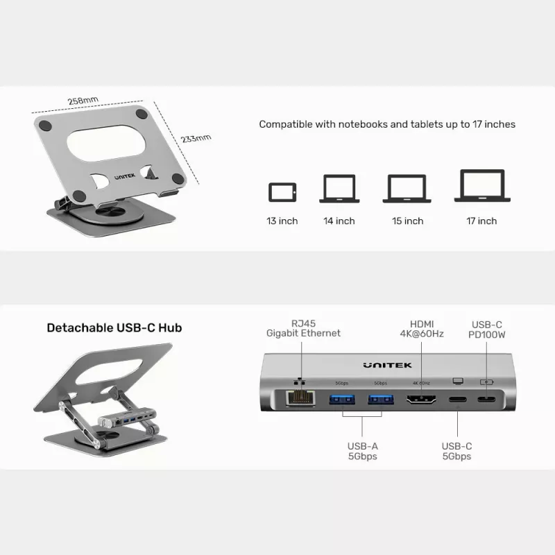 Unitek soporte para portátil con hub USB-C 5 en 1 extraíble - 2x USB-A 5Gbps, HDMI 4K@60Hz, RJ45, PD 100W (D1109CGY01)