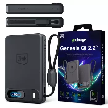 Cargador inalámbrico 3mk incharge Genesis Qi2 25W + PD 45W con cable USB-C integrado, negro