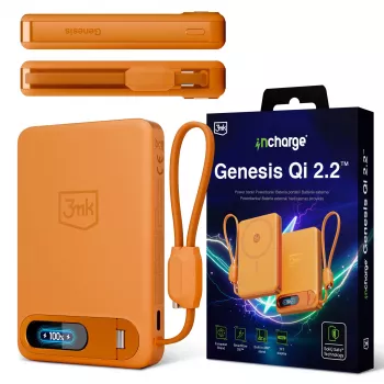 Cargador inalámbrico 3mk incharge® Genesis Qi 2 25W + PD45W, cable USB-C integrado, naranja