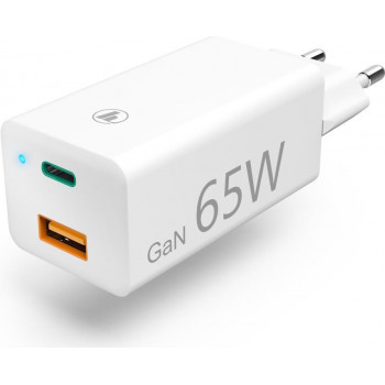 Hama cargador GaN, USB-C Power Delivery (PD) + USB-A QC3.0, 65W, blanco