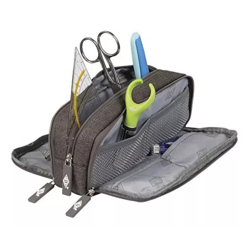 WEDO Estuche College, poliéster, gris, compartimento interior amplio, 3 bolsillos con cremallera, 7 bolígrafos