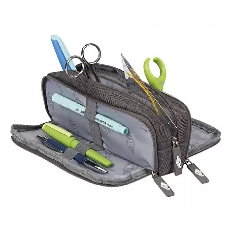 WEDO Estuche College, poliéster, gris, compartimento interior amplio, 3 bolsillos con cremallera, 7 bolígrafos