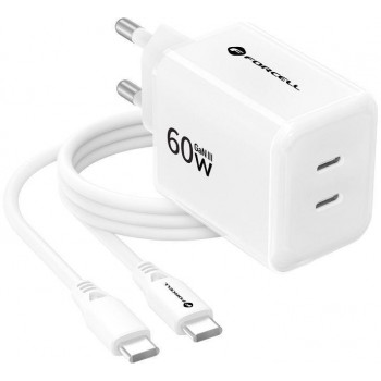 Forcell F-Energy GaN III Crystal Color VT-60 60W PD QC 4.0 2x USB-C Cargador de pared blanco + cable