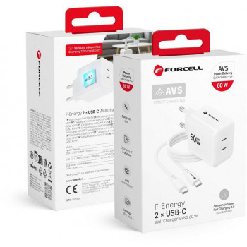 Forcell F-Energy GaN III Crystal Color VT-60 60W PD QC 4.0 2x USB-C Cargador de pared blanco + cable