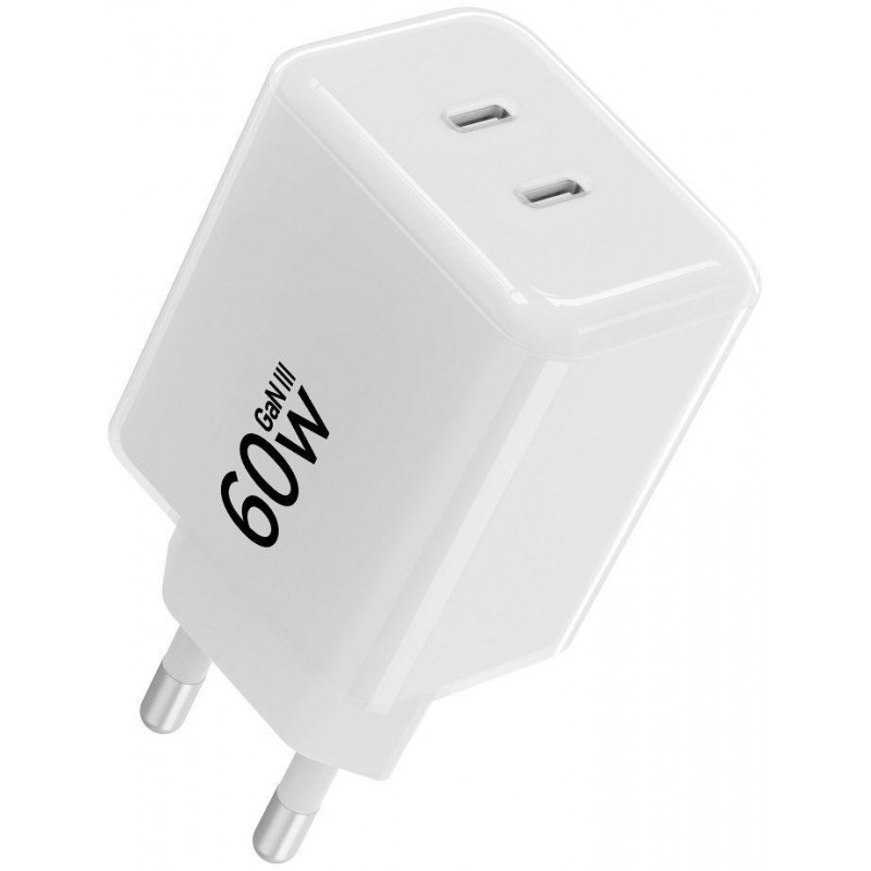 Forcell F-Energy GaN III Crystal Color VT-60 60W PD QC 4.0 2x USB-C Cargador de pared blanco + cable
