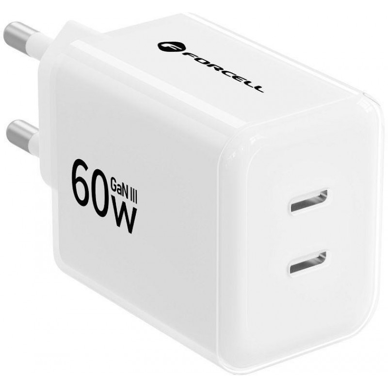 Forcell F-Energy GaN III Crystal Color VT-60 60W PD QC 4.0 2x USB-C Cargador de pared blanco + cable