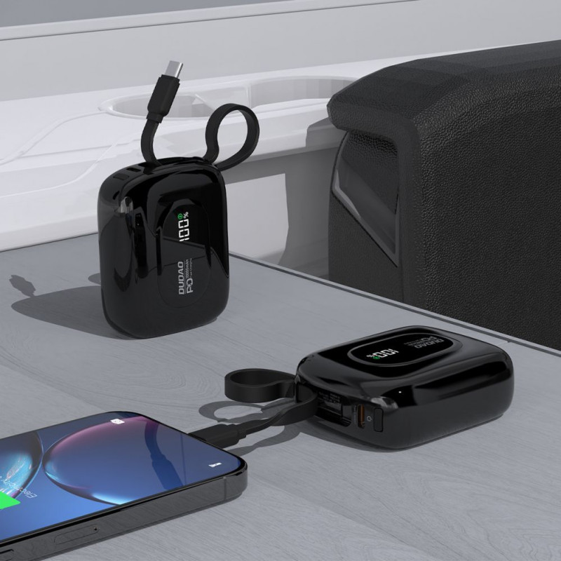 Dudao K32 Batería externa 22,5 W 10000 mAh con cable USB-C/Lightning integrado – negro