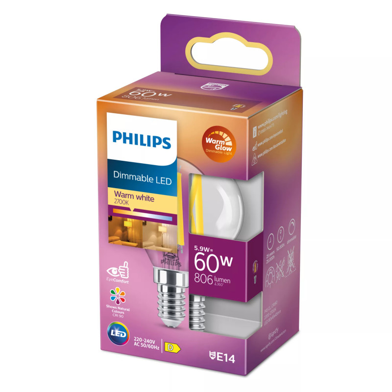 Philips Bombilla LED classic WarmGlow 60W E14, gota, transparente, regulable